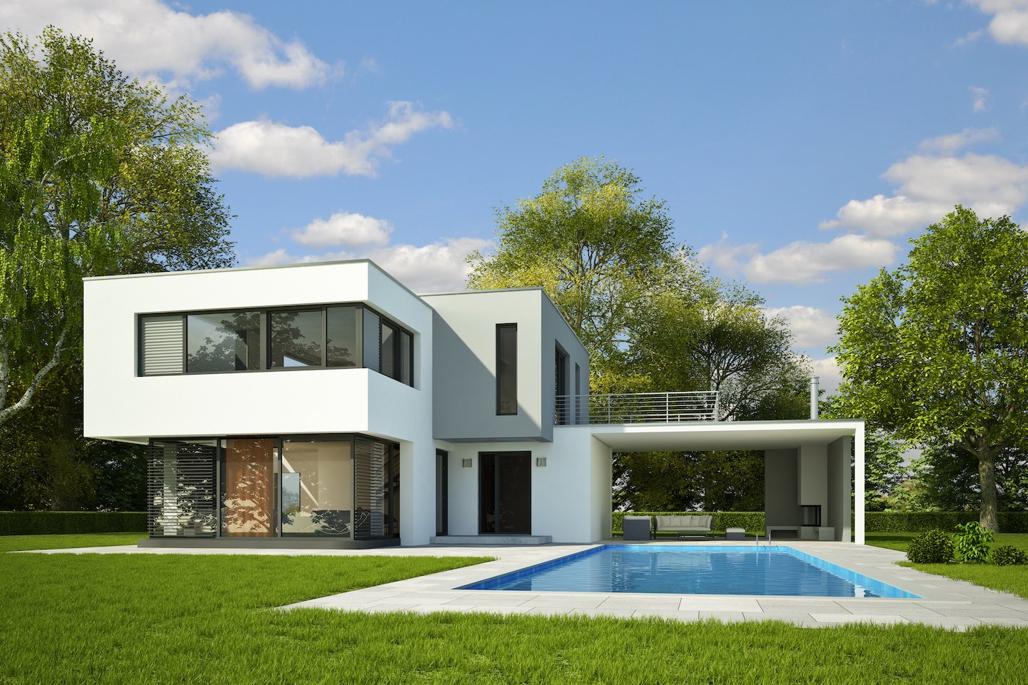 Kubus weiss_grau mit Pool am Tag Palm Breeze Villa